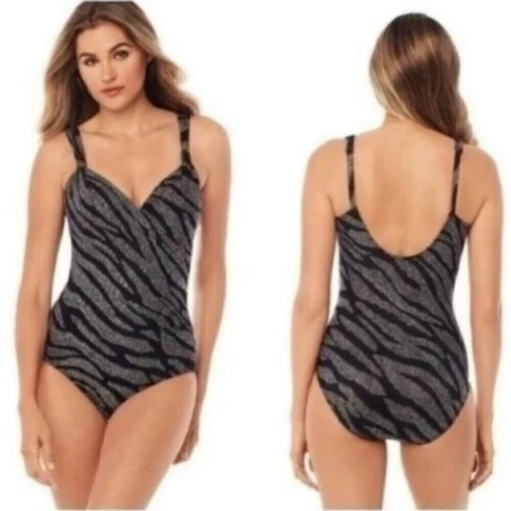 Miraclesuit Angelfish Underwire Platinum Gray Striped One Piece Swimsuit Size 16